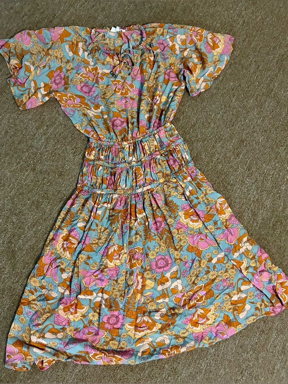 Women’s Floral Smocked Waist Dress - Pink, Blue & Gold